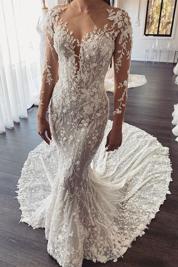 Amazing Long Train Lace Open back Mermaid White Wedding Dresses-showprettydress