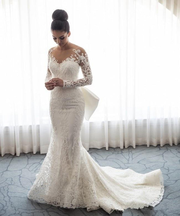 Amazing Mermaid Lace Bowknot Wedding Bride Dress Detachable Overskirt Sleeve Bridal Dress-showprettydress
