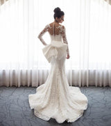 Amazing Mermaid Lace Wedding Dress with Sleeves Bowknot Detachable Overskirt Bride Dress-showprettydress