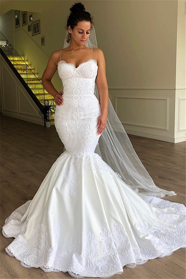 Amazing Mermaid Spaghetti Straps Sleeveless Lace Wedding Dresses-showprettydress