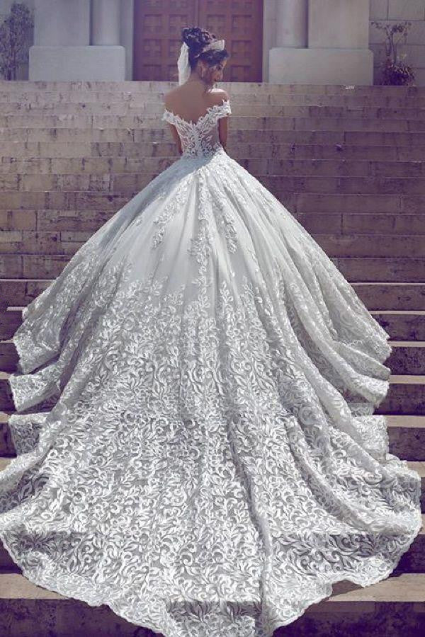 Amazing Off the Shoulder Lace New Short Sleeve Long Wedding Dresses-showprettydress