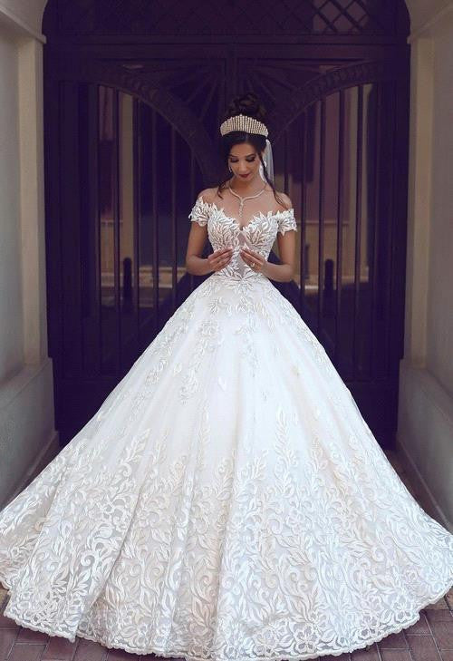 Amazing Off the Shoulder Lace New Short Sleeve Long Wedding Dresses-showprettydress