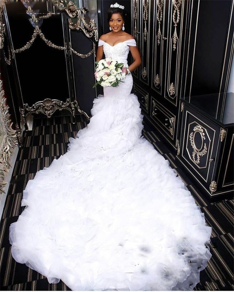 Amazing Off the Shoulder Lace Wedding Dress Mermaid Ruffless Bridal Gowns-showprettydress