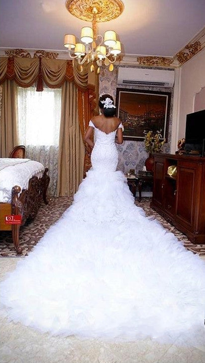 Amazing Off the Shoulder Lace Wedding Dress Mermaid Ruffless Bridal Gowns-showprettydress