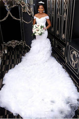 Amazing Off the Shoulder Lace Wedding Dress Mermaid Ruffless Bridal Gowns-showprettydress