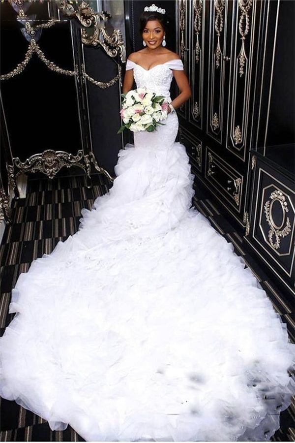 Amazing Off the Shoulder Lace Wedding Dress Mermaid Ruffless Bridal Gowns-showprettydress