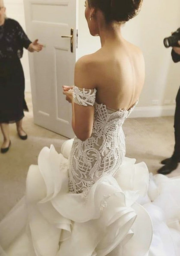 Amazing Off the Shoulder Mermaid Ruffless Bridal GownsNew Arrival White Lace Appliques Zipper Wedding Dress-showprettydress