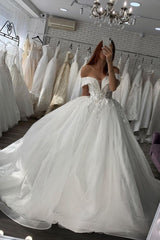 Amazing Off the Shoulder White/Ivory Floral Lace Bridal Gown Spring Ball Gown-showprettydress