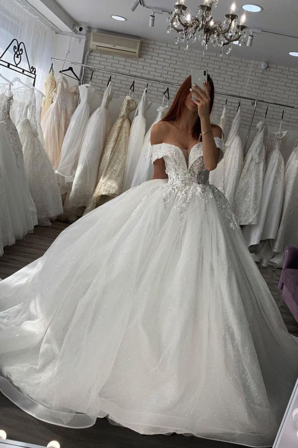 Amazing Off the Shoulder White/Ivory Floral Lace Bridal Gown Spring Ball Gown-showprettydress