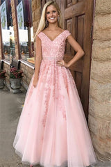 Amazing Pink Off-the-Shoulder Prom Dresses Applique Crystal Sleeveless Evening Dresses with Belt-showprettydress