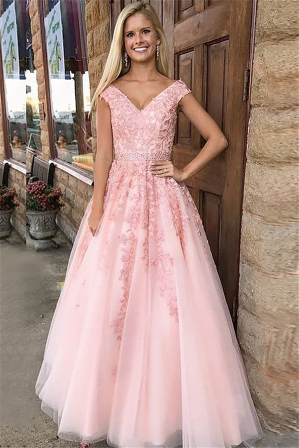 Amazing Pink Off-the-Shoulder Prom Dresses Applique Crystal Sleeveless Evening Dresses with Belt-showprettydress