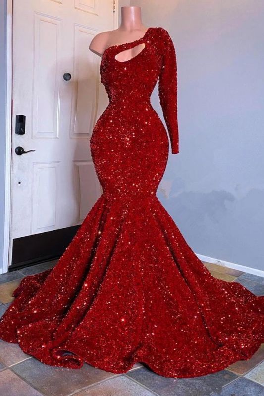 Amazing Red Long Sleeves Prom Dress One-Shoulder Mermaid With Sequins-showprettydress