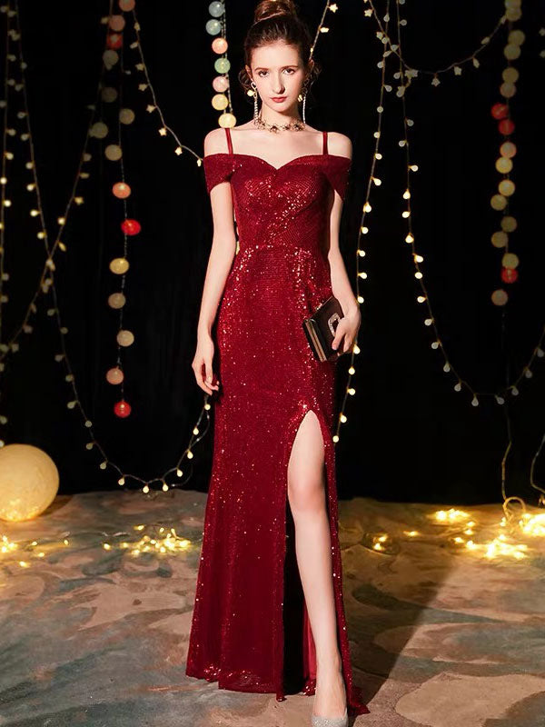 Amazing Sequin Evening Dresses Sexy Off The Shoulder Split Floor Length Maxi Dress-showprettydress