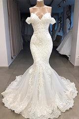 Amazing Sweetheart Mermaid White Wedding Dress Off the shoulder Lace Bridal Gowns Online-showprettydress