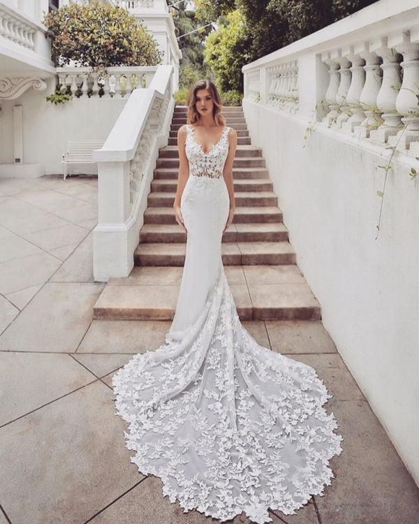 Amazing Train Sleeveless V neck Lace mermaid wedding dresses-showprettydress