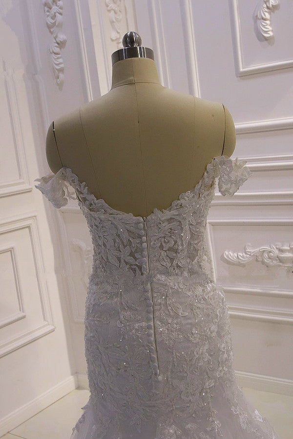 Amazing White 3D Lace applique Off the Shoulder Mermaid Bridal Gowns-showprettydress