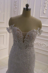 Amazing White 3D Lace applique Off the Shoulder Mermaid Bridal Gowns-showprettydress