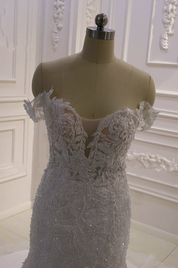 Amazing White 3D Lace applique Off the Shoulder Mermaid Bridal Gowns-showprettydress