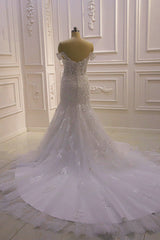 Amazing White 3D Lace applique Off the Shoulder Mermaid Bridal Gowns-showprettydress