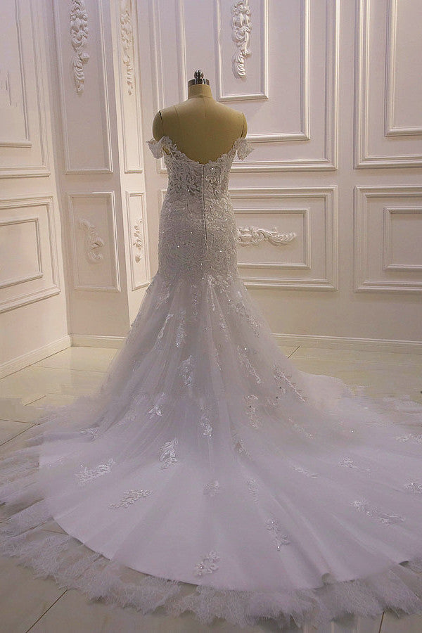 Amazing White 3D Lace applique Off the Shoulder Mermaid Bridal Gowns-showprettydress