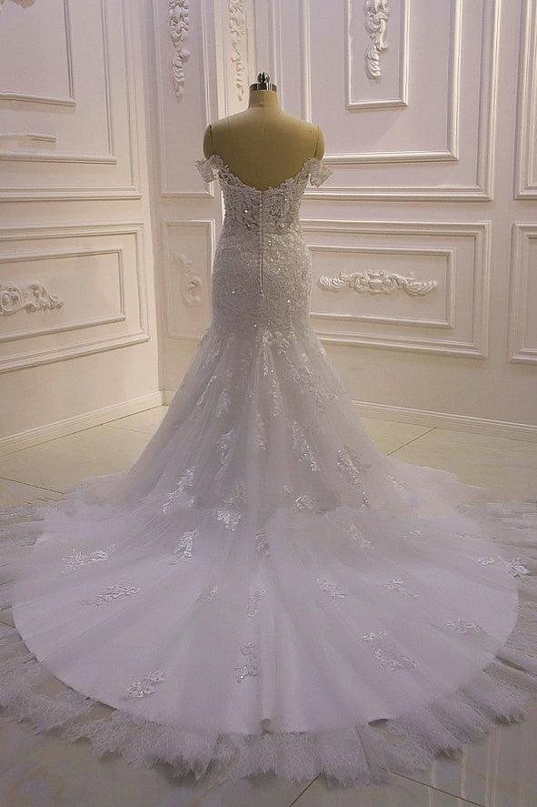 Amazing White 3D Lace applique Off the Shoulder Mermaid Bridal Gowns-showprettydress