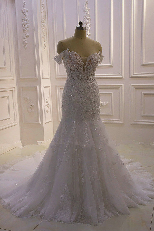 Amazing White 3D Lace applique Off the Shoulder Mermaid Bridal Gowns-showprettydress