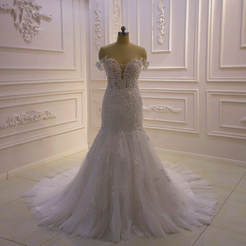 Amazing White 3D Lace applique Off the Shoulder Mermaid Bridal Gowns-showprettydress