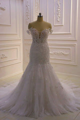 Amazing White 3D Lace applique Off the Shoulder Mermaid Bridal Gowns-showprettydress