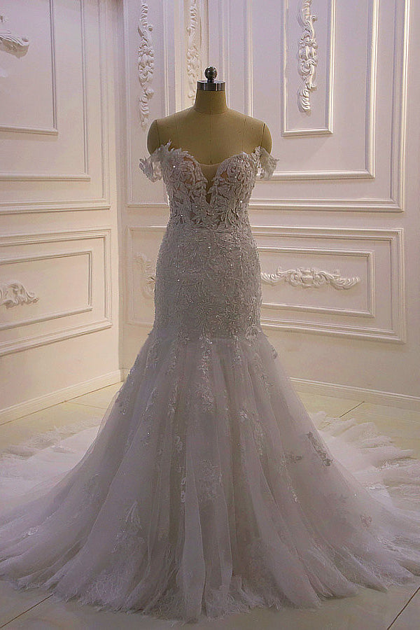 Amazing White 3D Lace applique Off the Shoulder Mermaid Bridal Gowns-showprettydress