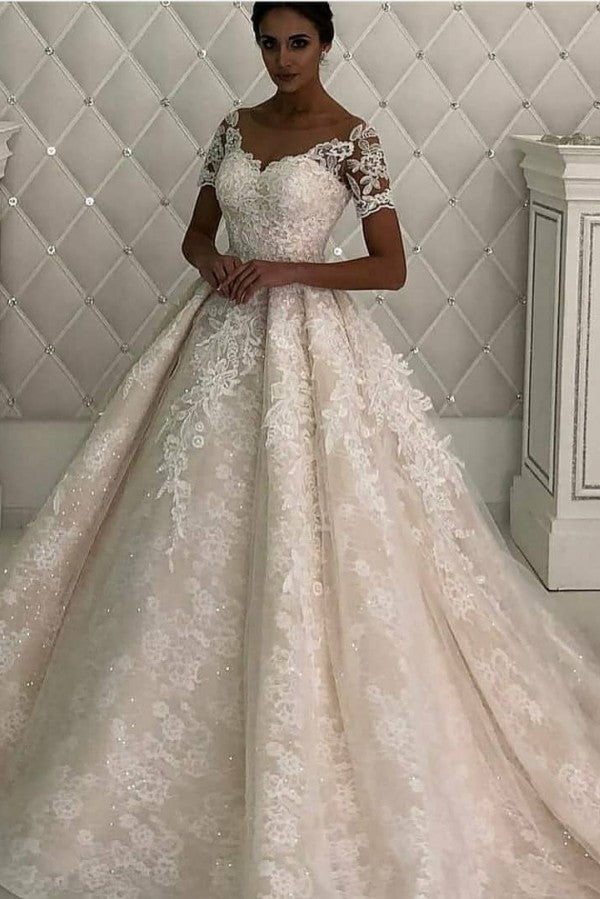 AmazingA line Lace short sleeves V neck Ivory wedding dress-showprettydress