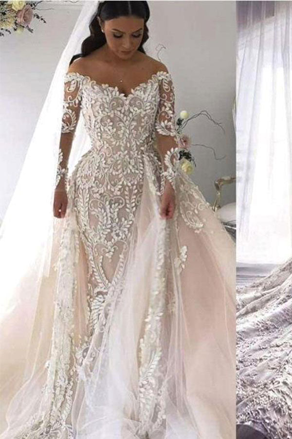 AmazingIvory Off the shoulder Lace Long Sleevess Wedding Dress-showprettydress