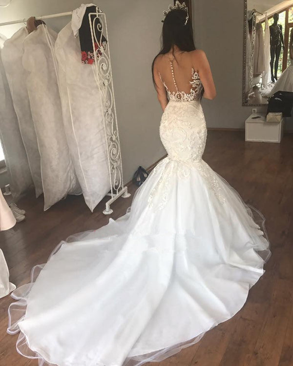AmazingLace Mermaid Sleeveless Buttons Long Wedding Dress-showprettydress
