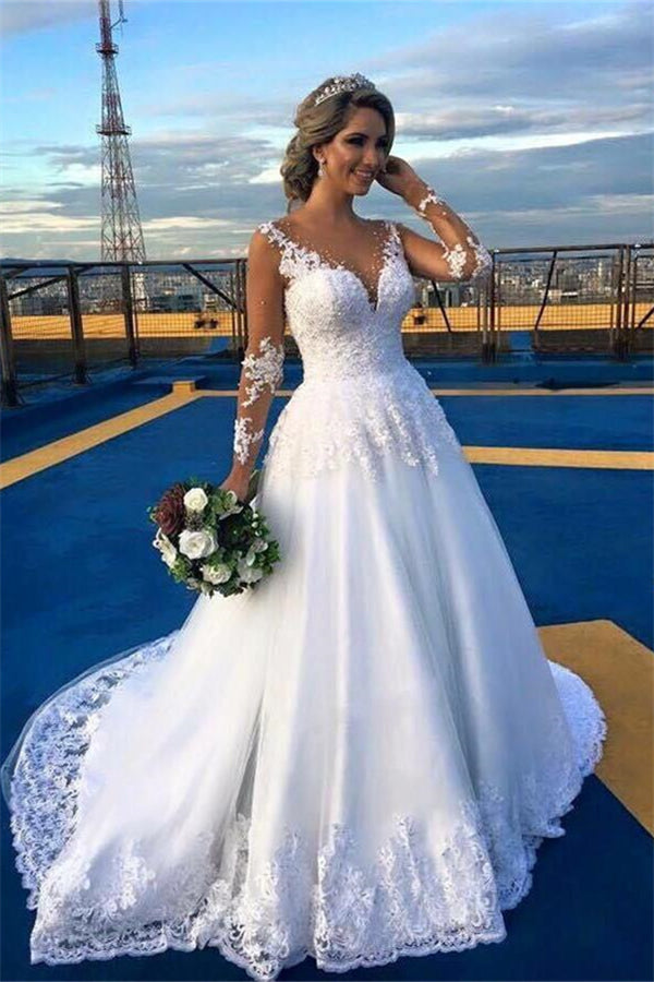 AmazingLace Sweep Train Bridal Gown Long Sleeves Tulle Wedding Dresses-showprettydress