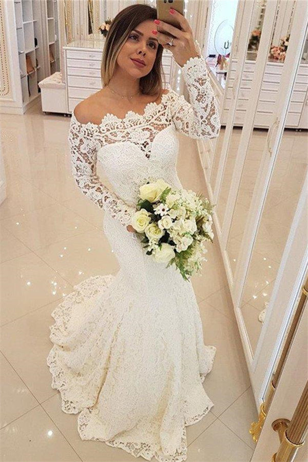 AmazingLong Sleeves Appliques Mermaid Wedding Bridal Dress-showprettydress