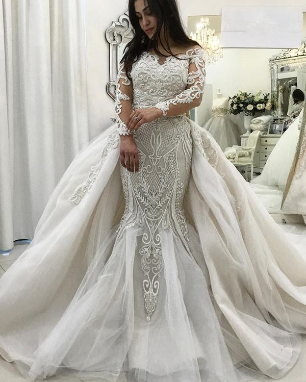 AmazingLong Sleeves Lace Mermaid Bridal Gowns Detachable Train New Arrival Ruffless Bridal Gowns-showprettydress