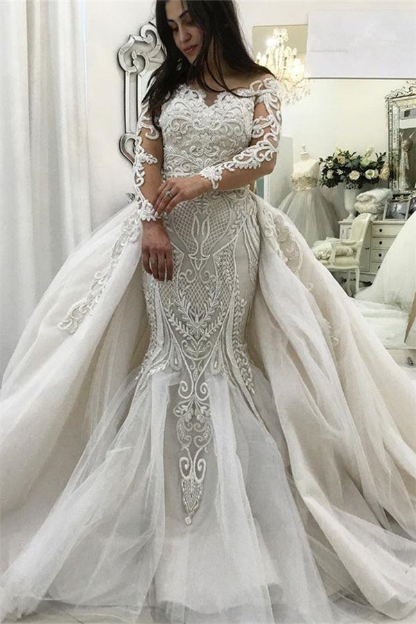 AmazingLong Sleeves Lace Mermaid Bridal Gowns Detachable Train New Arrival Ruffless Bridal Gowns-showprettydress