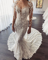 AmazingLong Train Lace Open back Mermaid White Wedding Dresses-showprettydress