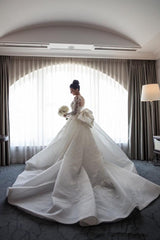 AmazingMermaid Lace Wedding Dress with Sleeves Bowknot Detachable Overskirt Bride Dress-showprettydress