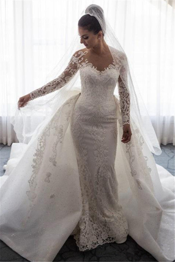 AmazingMermaid Lace Wedding Dress with Sleeves Bowknot Detachable Overskirt Bride Dress-showprettydress