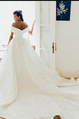 AmazingOff the Shoulder Aline Satin Bridal Gown Garden Wedding Dress-showprettydress