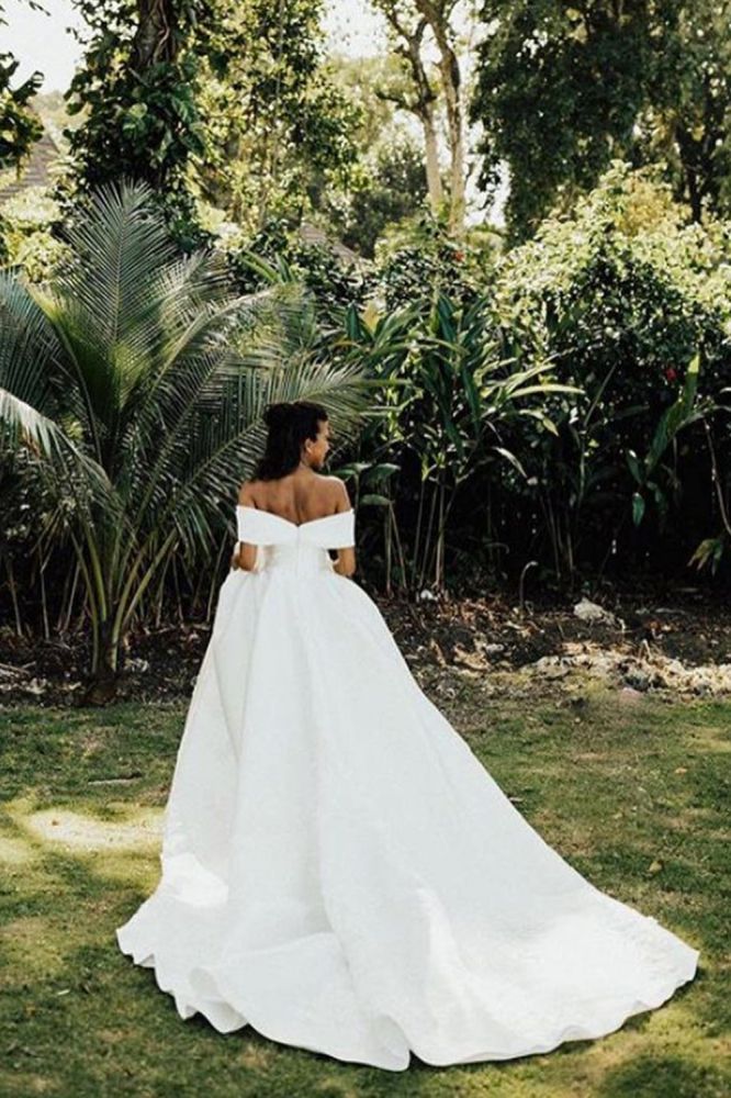 AmazingOff the Shoulder Aline Satin Bridal Gown Garden Wedding Dress-showprettydress