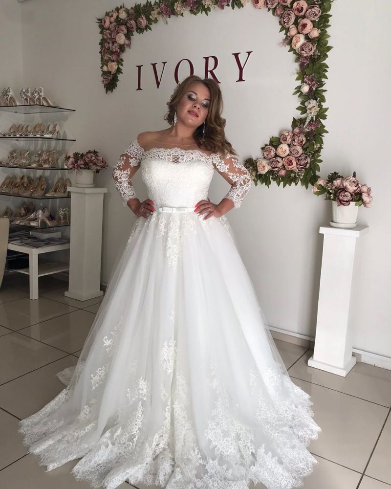 AmazingOff the shoulder Long Sleevess Lace Princess Plus size wedding dress-showprettydress