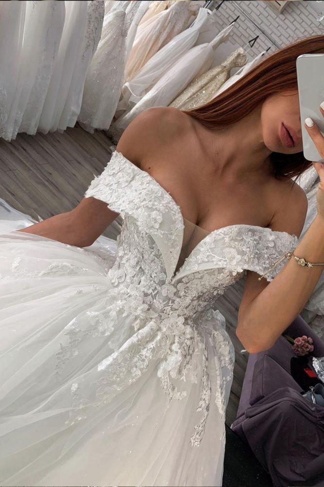 AmazingOff the ShoulderWhite/Ivory Floral Lace Bridal Gown Spring Ball Gown-showprettydress