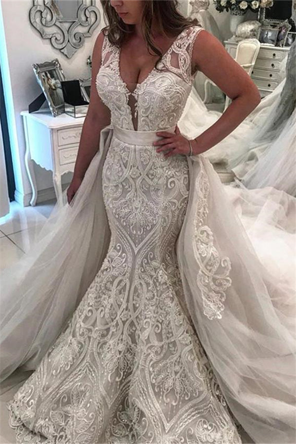 AmazingSleeveless Lace Mermaid Wedding Dress New Arrival Over skirt Bridal Gowns-showprettydress