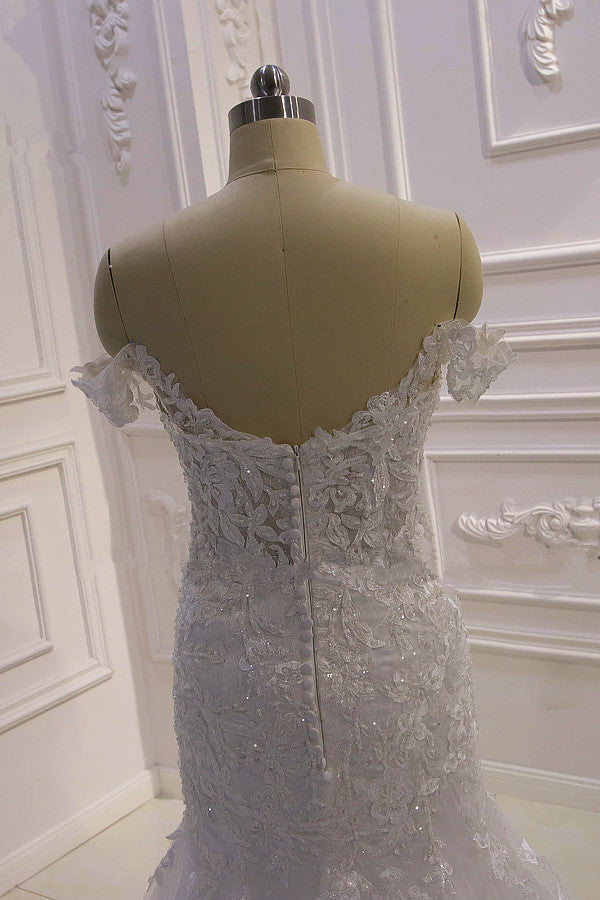 AmazingWhite 3D Lace applique Off the Shoulder Mermaid Bridal Gowns-showprettydress