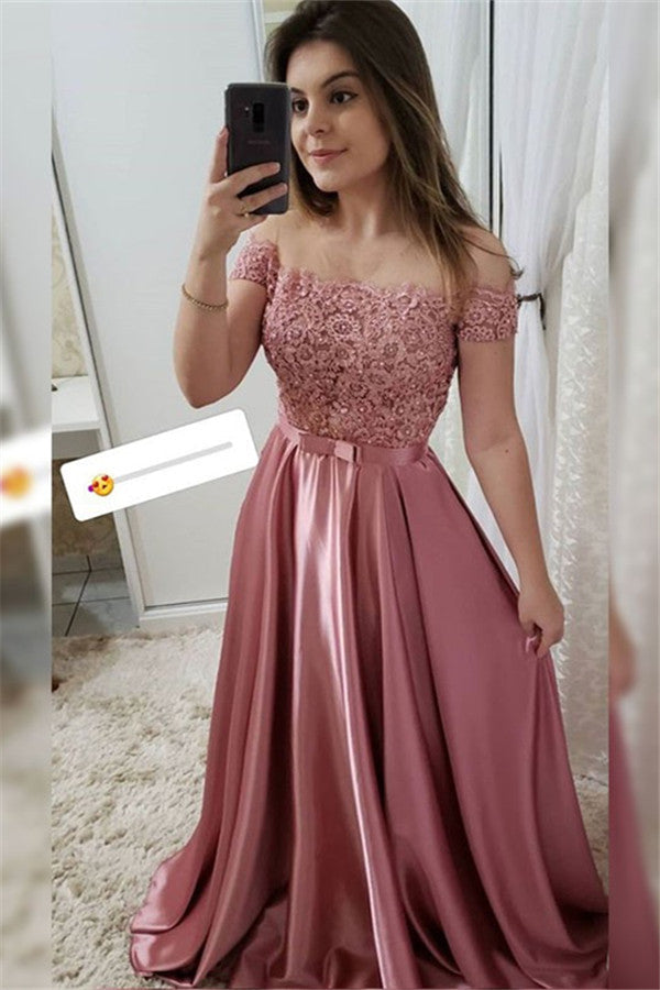 Applique Off-the-Shoulder Prom Dresses Beads Sleeveless Evening Dresses with Bow-knot Belt-showprettydress