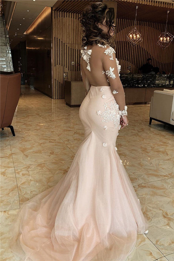 Appliques Mermaid Lace Prom Dresses V-neck Formal Gowns-showprettydress