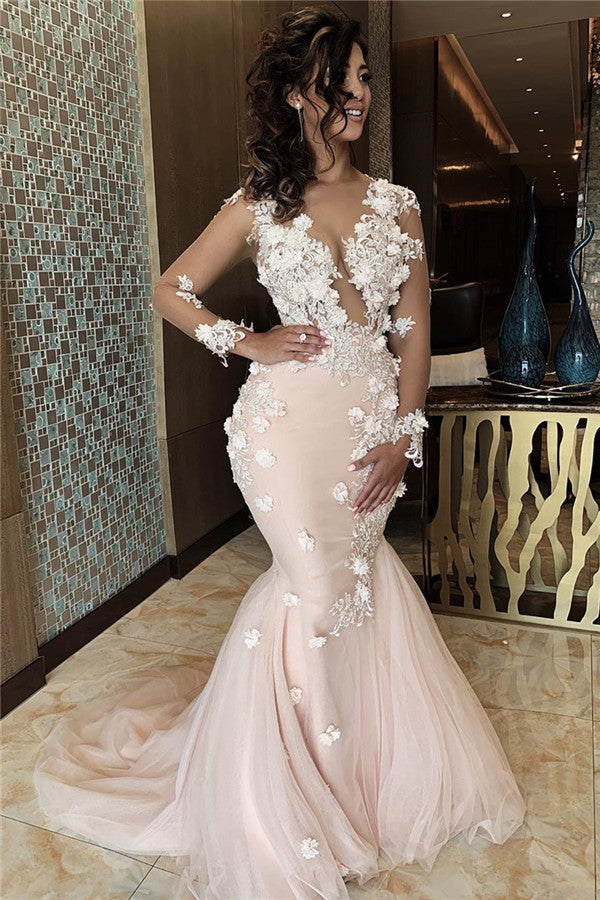 Appliques Mermaid Lace Prom Dresses V-neck Formal Gowns-showprettydress