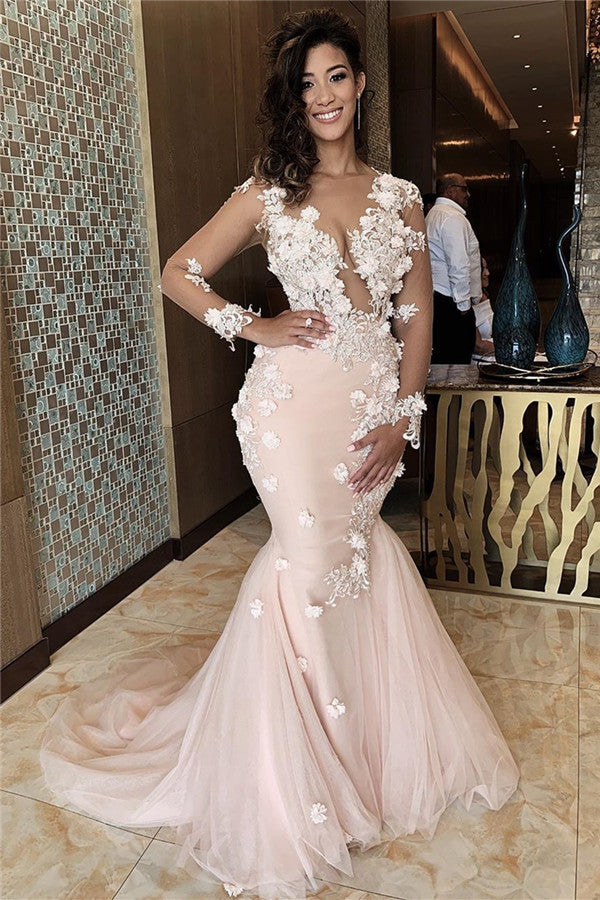 Appliques Mermaid Lace Prom Dresses V-neck Formal Gowns-showprettydress