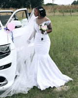 Appliques Sheer Tulle Mermaid Wedding Dresses Floor Length Pleated Bridal Gowns-showprettydress